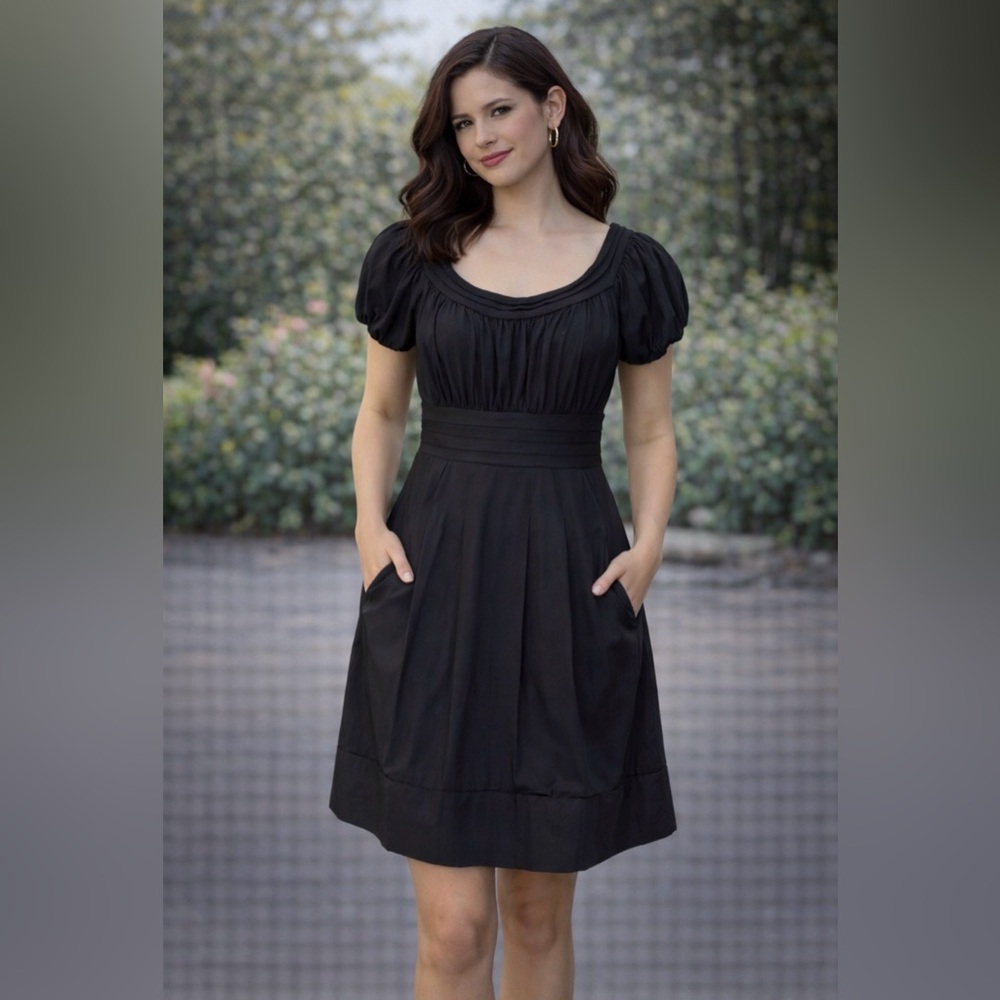 BCBGMaxAzria Dress 4 Small Black Stretch Cotton Puff Short Sleeve Pockets